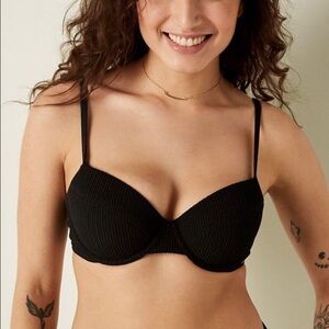 Victorias Secret XS Black Ribbed Underwired Push-up Bikini Top Beach Swimwear